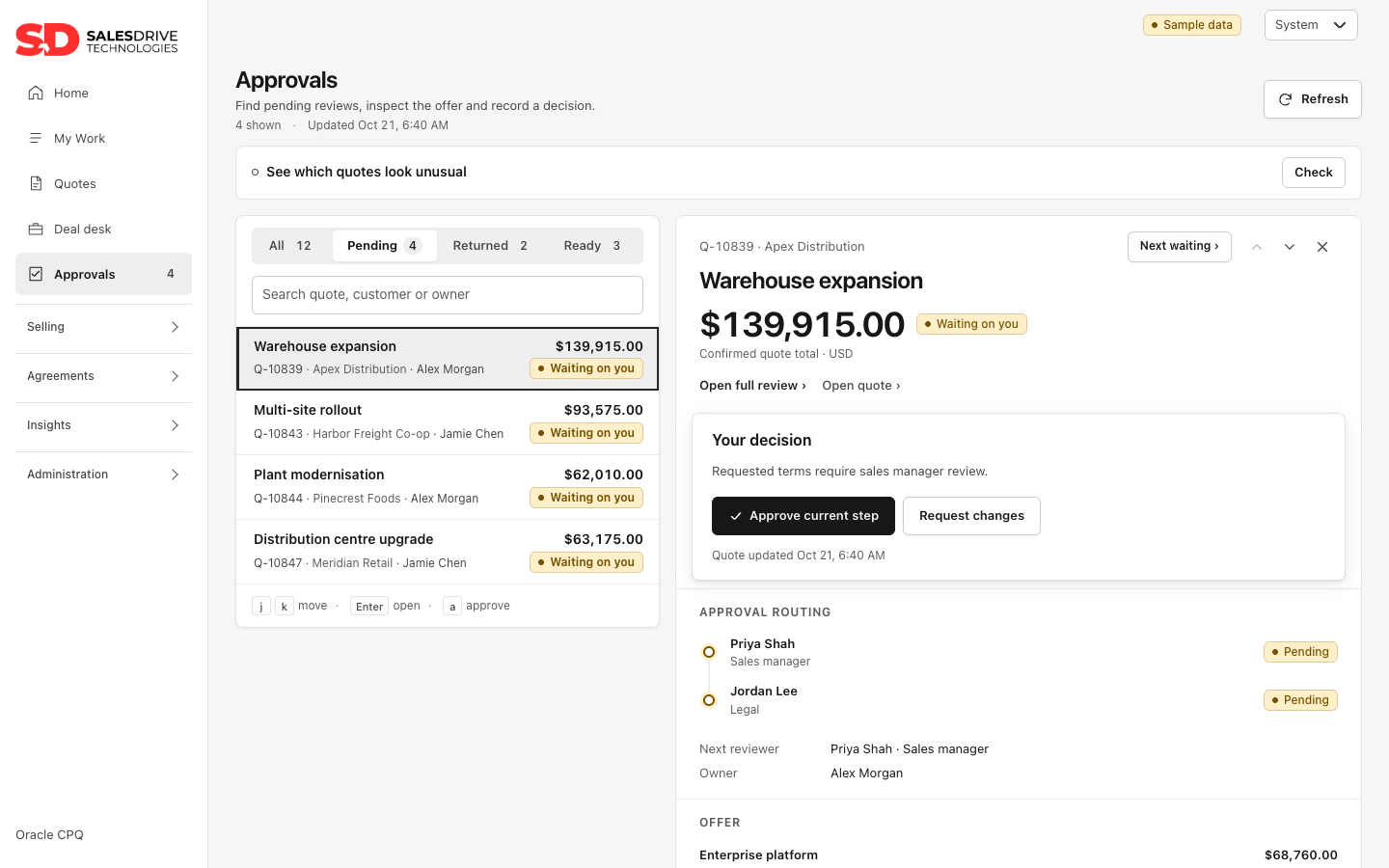 Quote approvals with routing and decision buttons