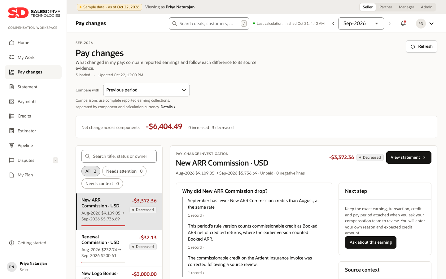 Pay changes with Oracle AI explaining why a commission dropped