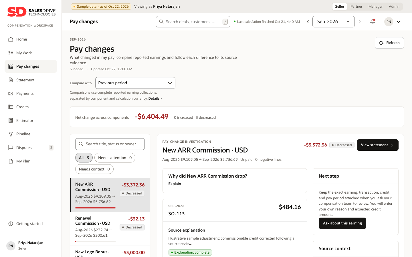Pay changes page explaining why a commission dropped