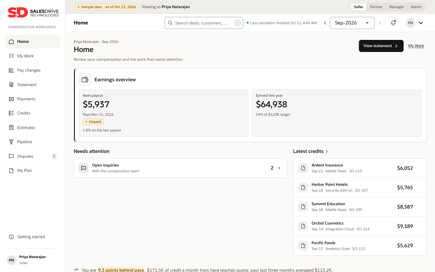 Salesdrive Incentive Compensation seller home showing next payout, earned this year and latest credits