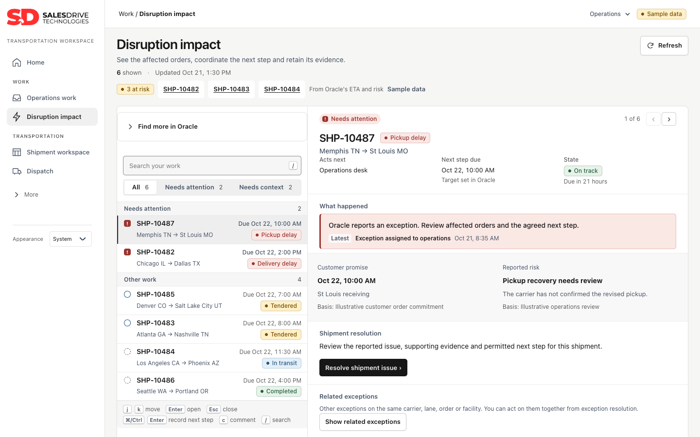 Disruption impact page for a delayed shipment